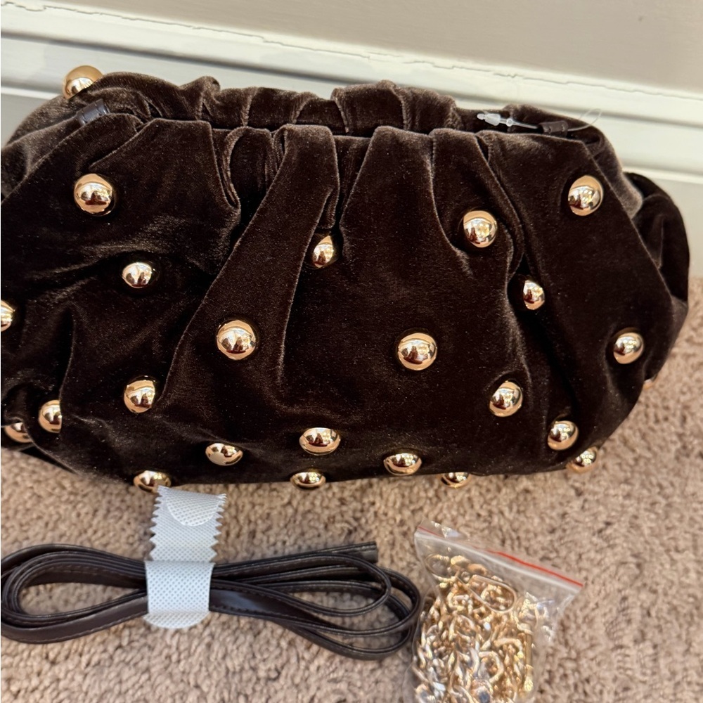 NWT new Anthropologie studded Velvet Clutch brown gold Gold crossbody purse bag - Picture 9 of 15